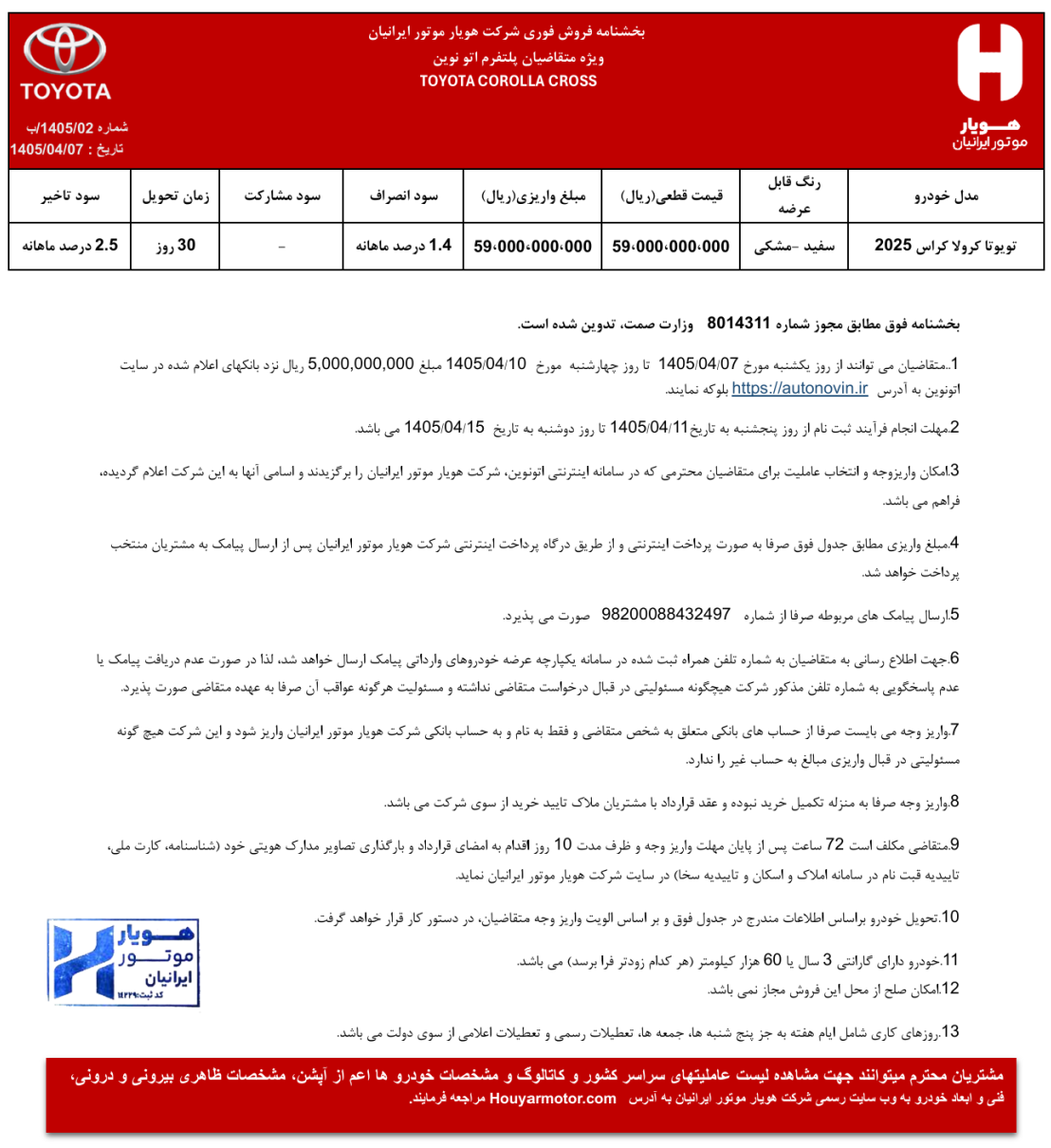 شرایط فروش خودروهای وارداتی سامانه اتونوین در تیر 1405